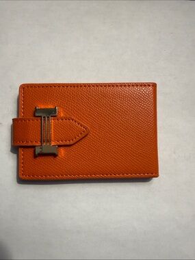 Men's Orange Leather Card Holder Wallet with Metal Clasp